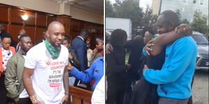 Activist Boniface Mwangi appearing in court  after a previous incident (left) and him hagging his wife after release from Kamukunji Police Station.